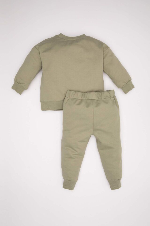 Erkek Bebek 2'li Takım Bisiklet Yaka Basic Düz Cepli Sweatshirt Üst  Beli Lastikli Jogger Eşofman Altı