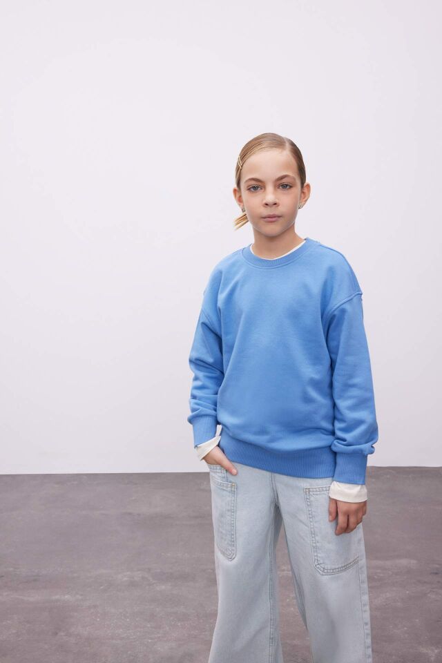 Kız Çocuk Relax Fit Bisiklet Yaka Pamuklu Basic Düz Okul Sweatshirt