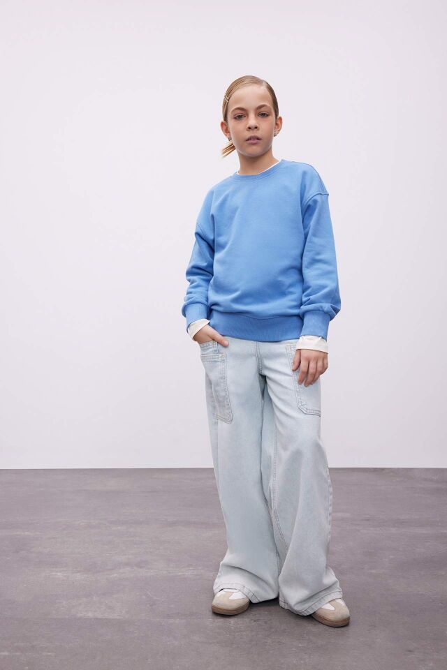 Kız Çocuk Relax Fit Bisiklet Yaka Pamuklu Basic Düz Okul Sweatshirt