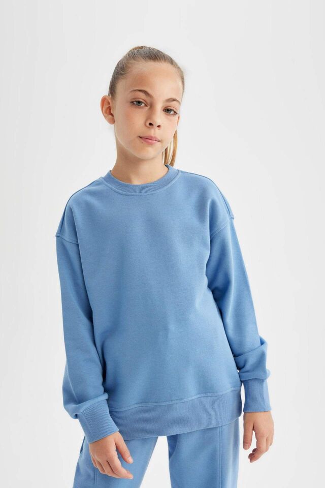 Kız Çocuk Relax Fit Bisiklet Yaka Pamuklu Basic Düz Okul Sweatshirt