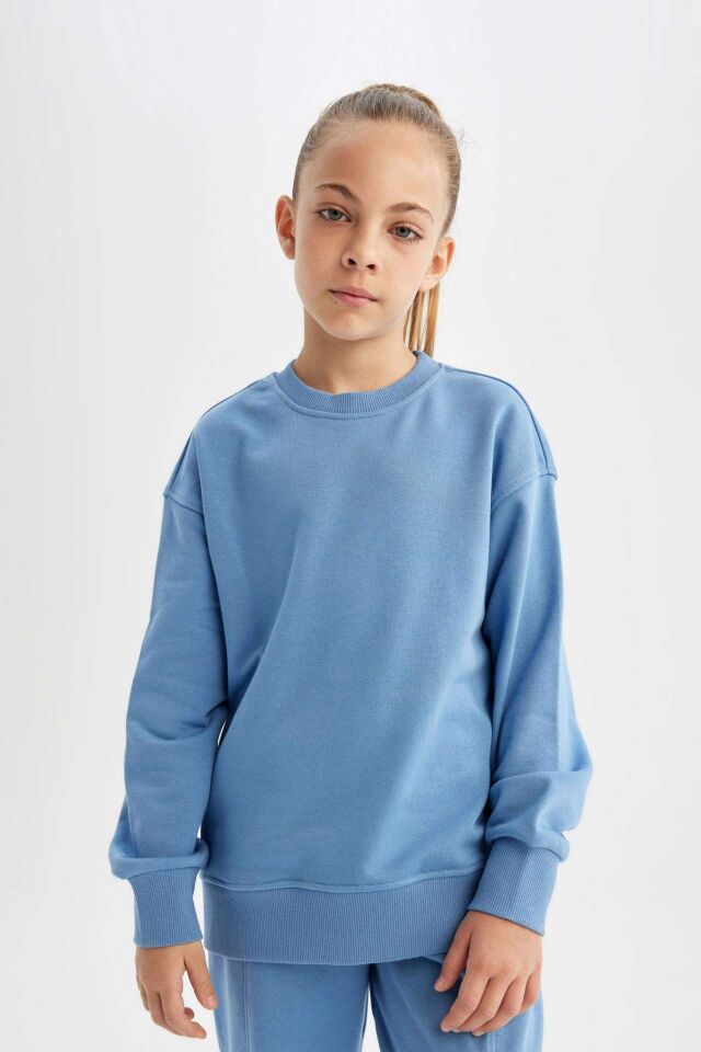 Kız Çocuk Relax Fit Bisiklet Yaka Pamuklu Basic Düz Okul Sweatshirt