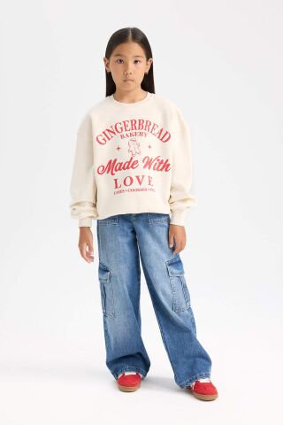 Kız Çocuk Relax Fit Bisiklet Yaka Baskılı Sweatshirt