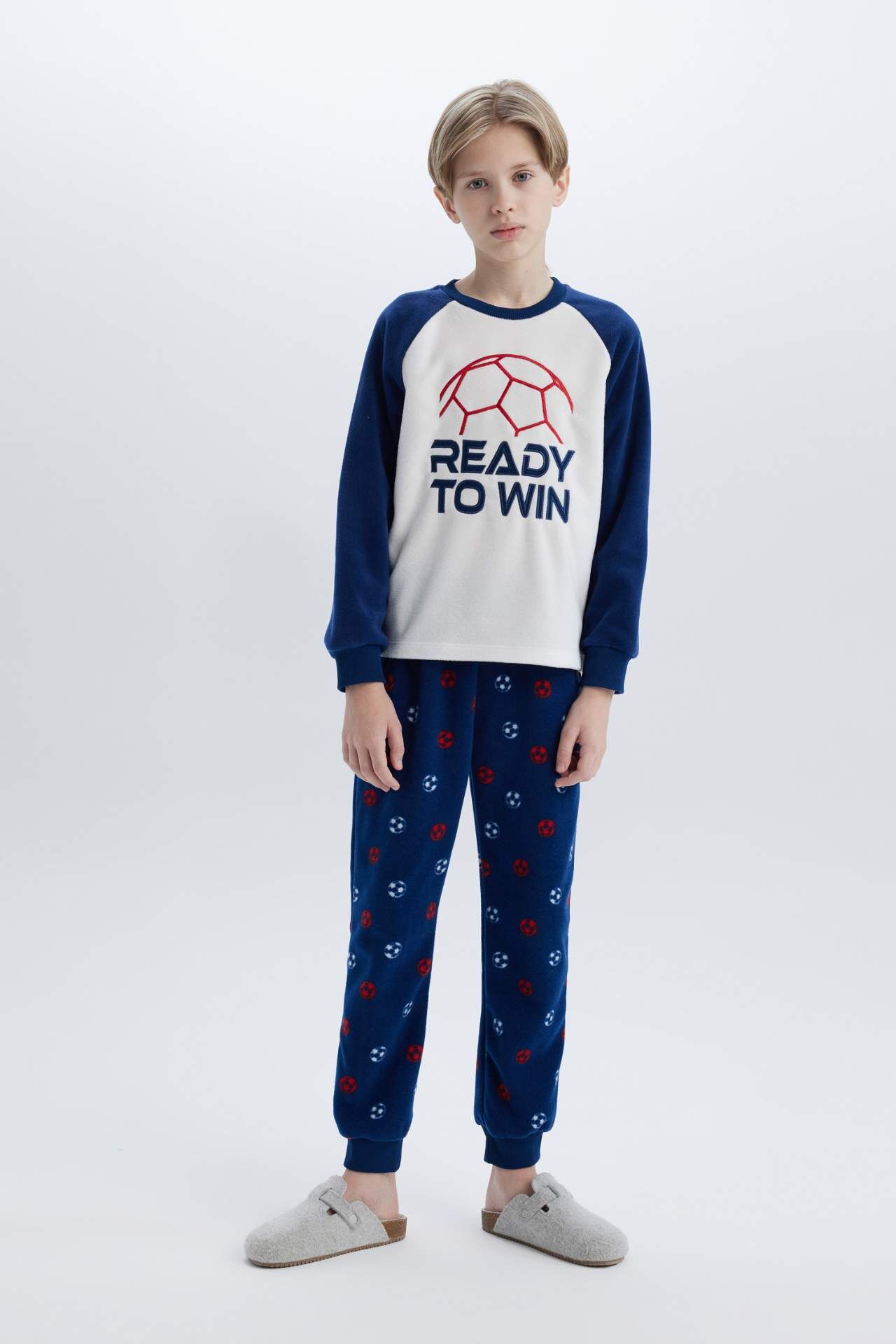 Erkek Çocuk Polar Pijama Takımı Bisiklet Yaka Baskılı Uzun Kollu Üst Beli Lastikli Uzun Alt