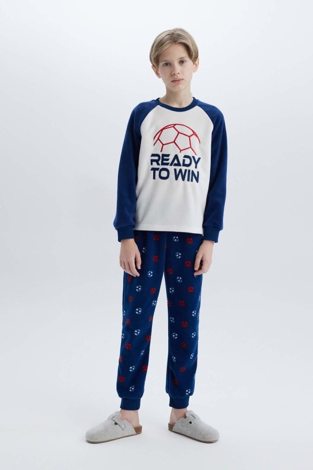 Erkek Çocuk Polar Pijama Takımı Bisiklet Yaka Baskılı Uzun Kollu Üst Beli Lastikli Uzun Alt