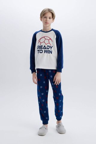 Erkek Çocuk Polar Pijama Takımı Bisiklet Yaka Baskılı Uzun Kollu Üst Beli Lastikli Uzun Alt