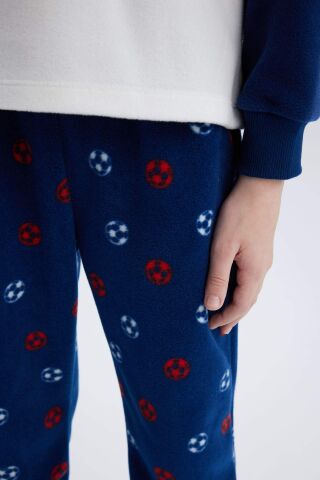 Erkek Çocuk Polar Pijama Takımı Bisiklet Yaka Baskılı Uzun Kollu Üst Beli Lastikli Uzun Alt