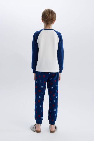 Erkek Çocuk Polar Pijama Takımı Bisiklet Yaka Baskılı Uzun Kollu Üst Beli Lastikli Uzun Alt