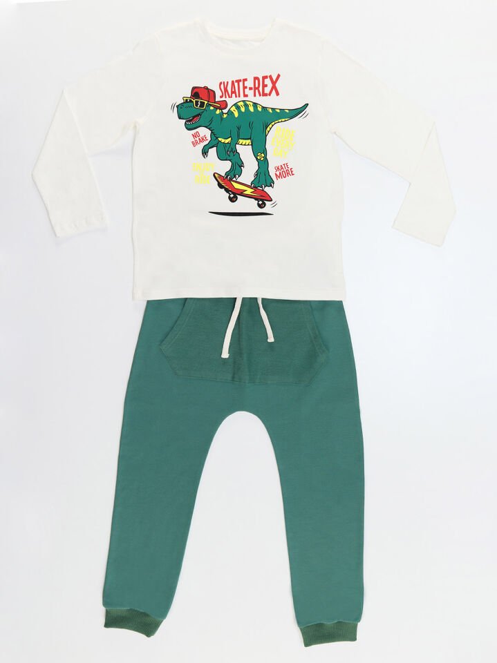 Skate-Rex Erkek Çocuk T-shirt Pantolon Takım 2 Y - Haki, Krem