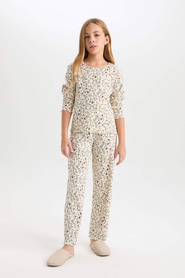 Kız Çocuk Pijama Takımı Çiçekli Bisiklet Yaka Uzun Kollu Üst Uzun Alt