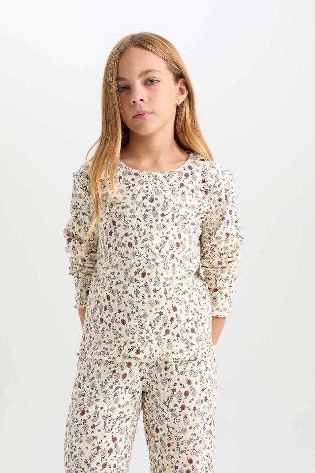 Kız Çocuk Pijama Takımı Çiçekli Bisiklet Yaka Uzun Kollu Üst Uzun Alt