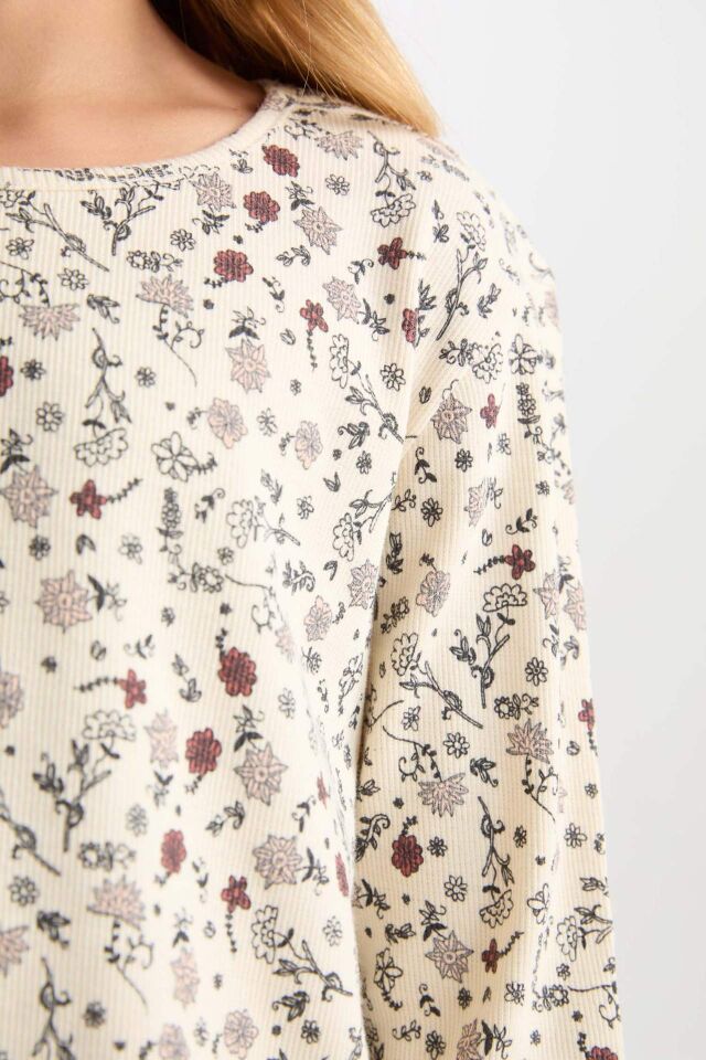 Kız Çocuk Pijama Takımı Çiçekli Bisiklet Yaka Uzun Kollu Üst Uzun Alt
