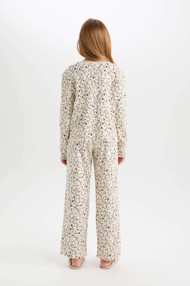 Kız Çocuk Pijama Takımı Çiçekli Bisiklet Yaka Uzun Kollu Üst Uzun Alt