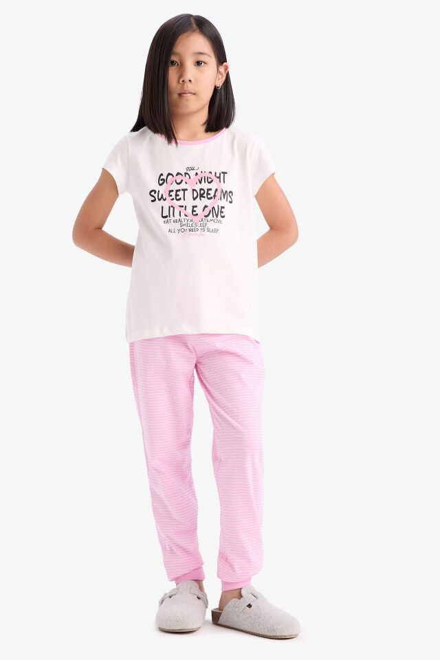 Kız Çocuk Pijama Takımı Baskılı Kısa Kollu Üst Beli Lastikli Uzun Alt