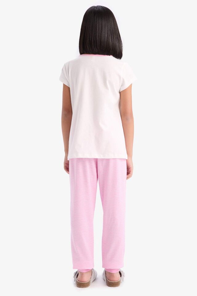 Kız Çocuk Pijama Takımı Baskılı Kısa Kollu Üst Beli Lastikli Uzun Alt