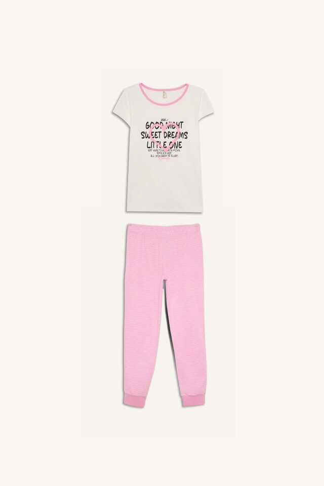 Kız Çocuk Pijama Takımı Baskılı Kısa Kollu Üst Beli Lastikli Uzun Alt