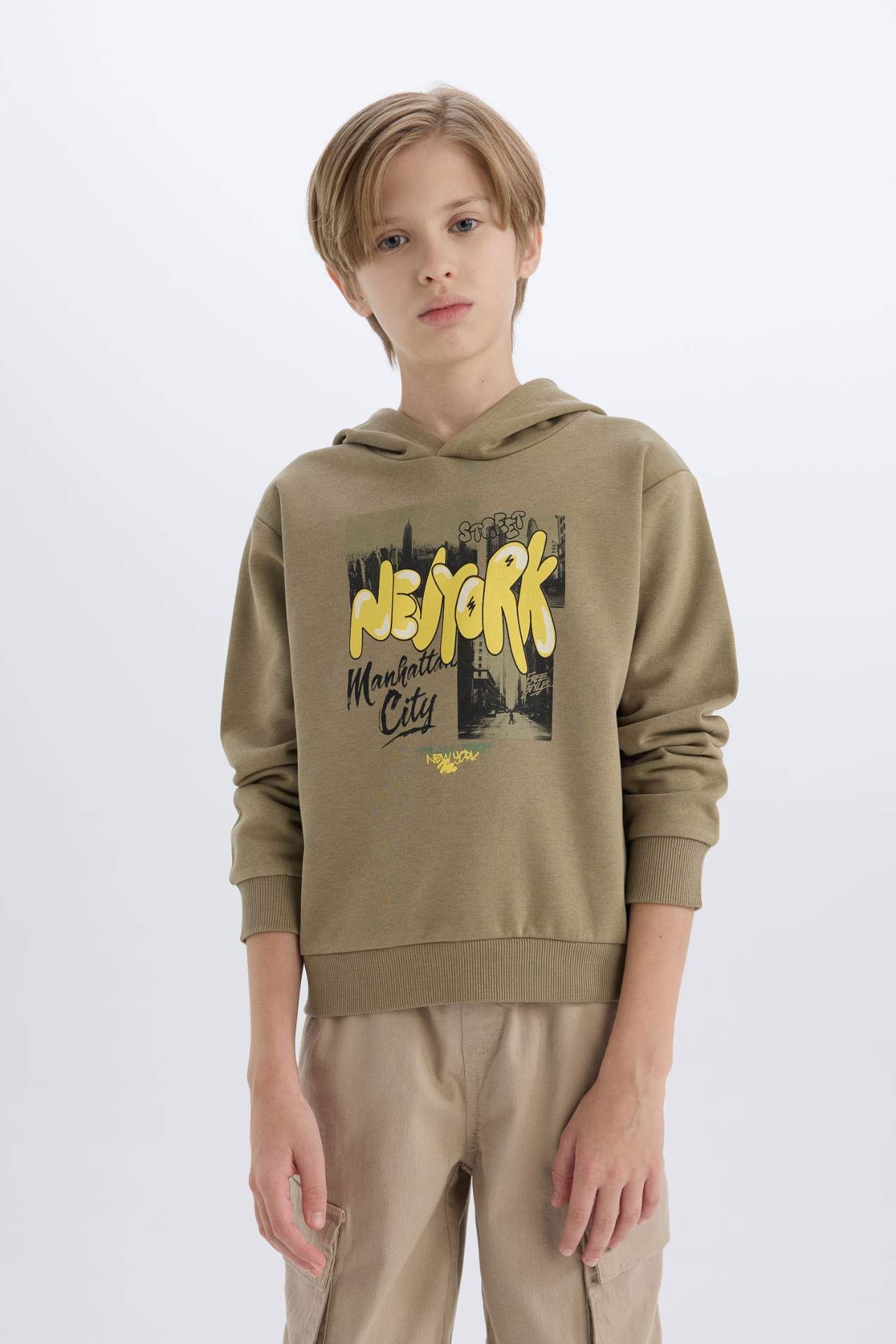 Erkek Çocuk Kapüşonlu Baskılı Kalın Sweatshirt