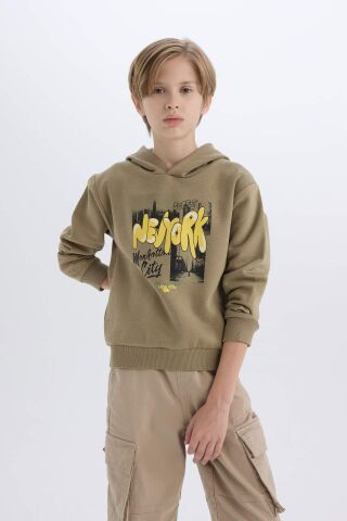 Erkek Çocuk Kapüşonlu Baskılı Kalın Sweatshirt
