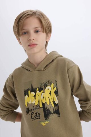 Erkek Çocuk Kapüşonlu Baskılı Kalın Sweatshirt