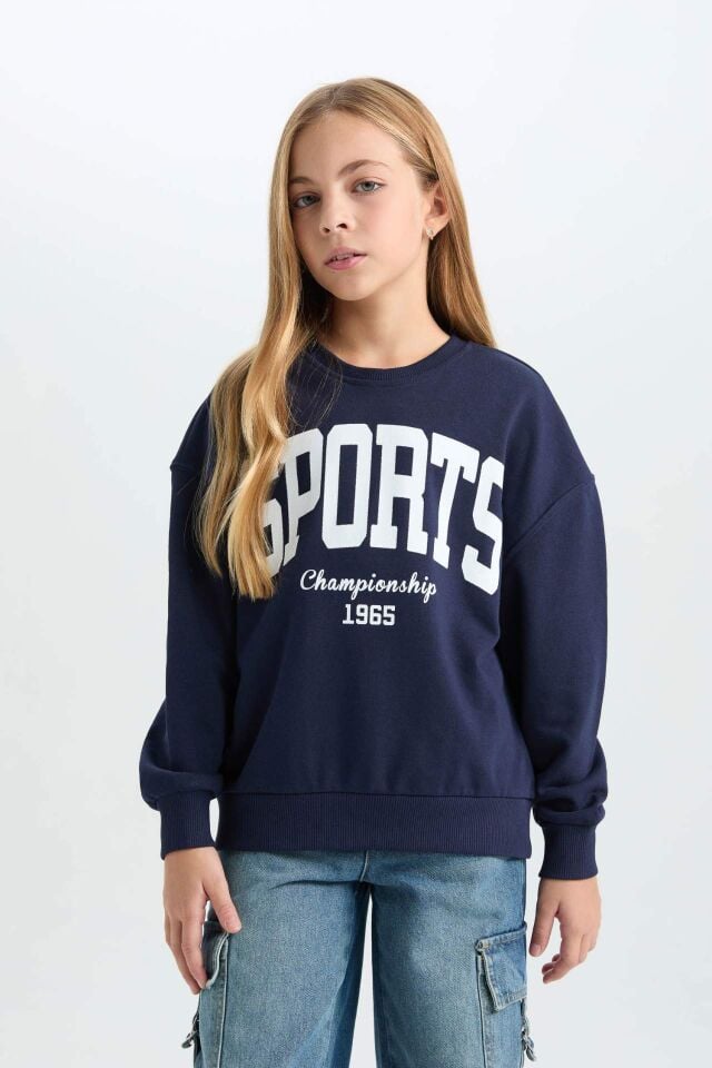Kız Çocuk Relax Fit Bisiklet Yaka Baskılı Sweatshirt