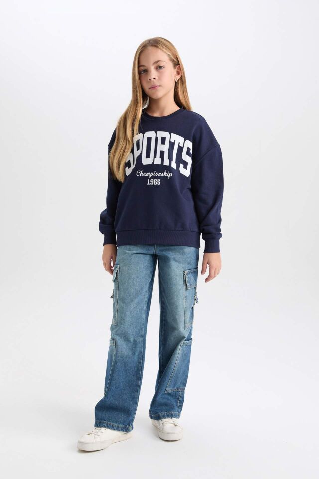 Kız Çocuk Relax Fit Bisiklet Yaka Baskılı Sweatshirt