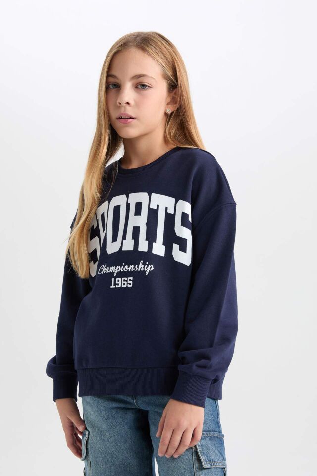 Kız Çocuk Relax Fit Bisiklet Yaka Baskılı Sweatshirt