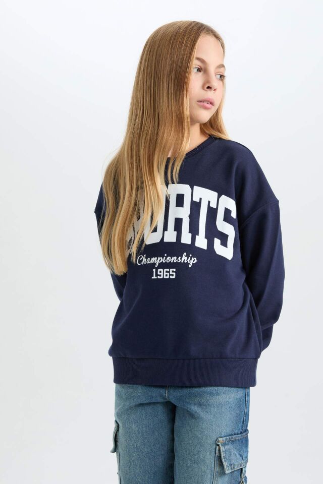 Kız Çocuk Relax Fit Bisiklet Yaka Baskılı Sweatshirt