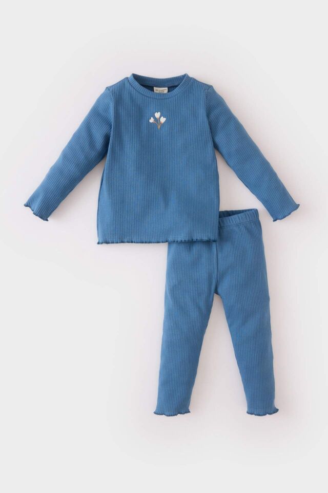 Kız Bebek 2'li Takım Çiçekli Fitilli Kaşkorse Uzun Kollu Tişört Üst Beli Lastikli Alt