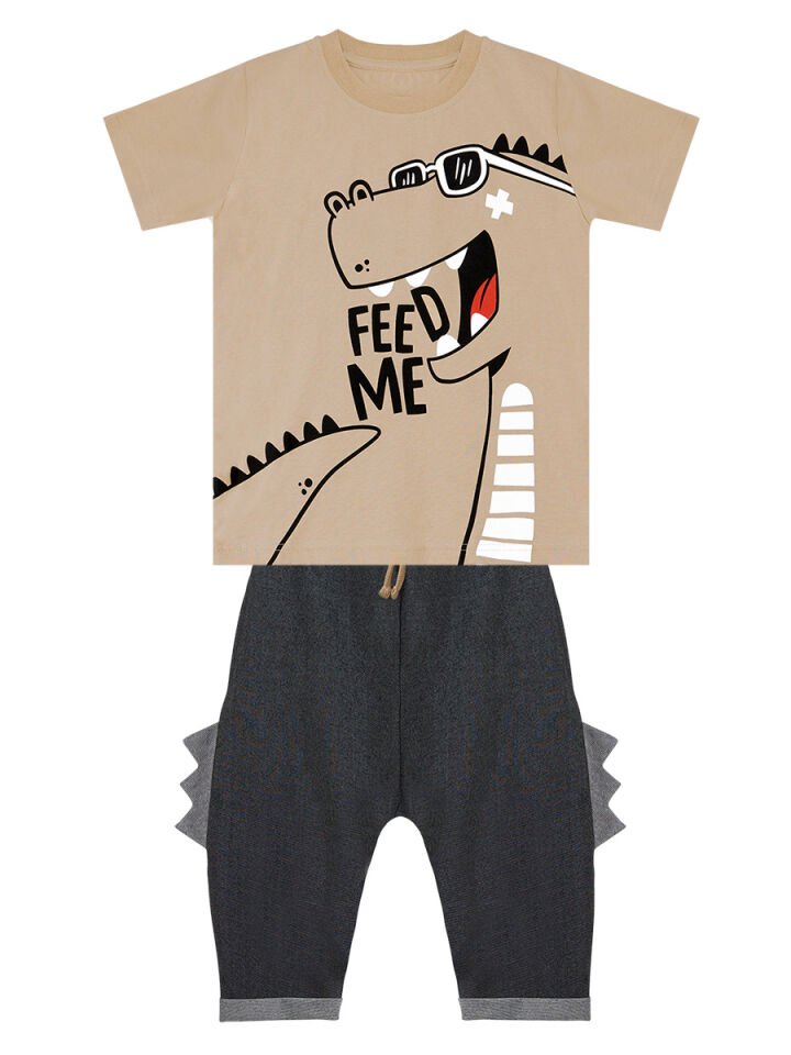 Komik Dino Erkek Çocuk T-shirt Kapri Şort Takım 8 Y - Bej, Siyah