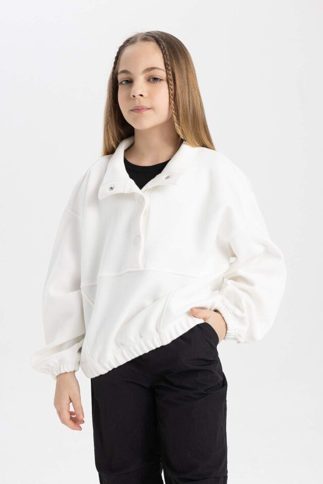 Kız Çocuk Oversize Geniş Kalıp Polo Yaka Düğmeli Sweatshirt