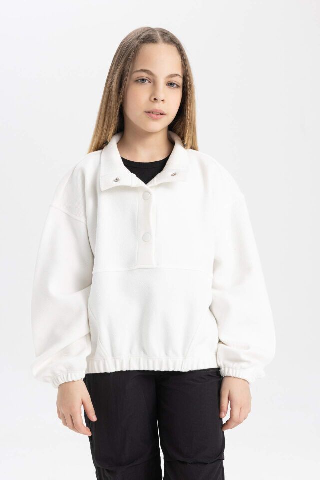 Kız Çocuk Oversize Geniş Kalıp Polo Yaka Düğmeli Sweatshirt
