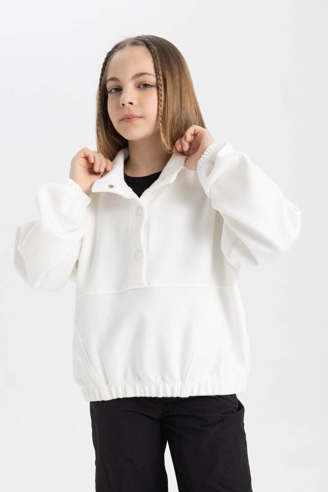 Kız Çocuk Oversize Geniş Kalıp Polo Yaka Düğmeli Sweatshirt