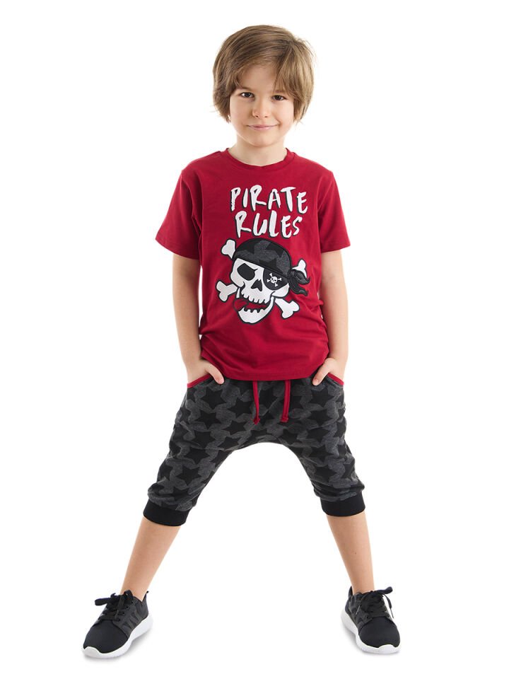 Korsan Kuralı Erkek Çocuk T-shirt Kapri Şort Takım 8 Y - Kırmızı, Gri