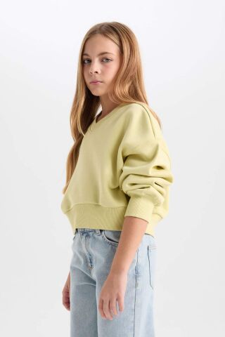 Kız Çocuk Cropped Fit V Yaka Basic Düz Sweatshirt