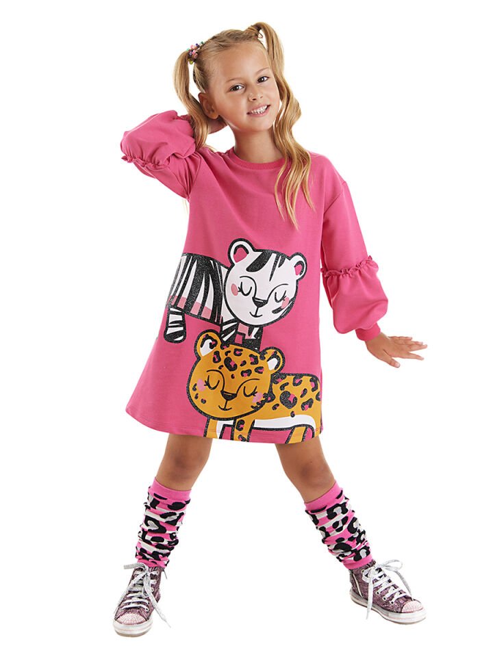 Leopar Zebra Kız Çocuk Pembe Elbise 5 Y - Pembe