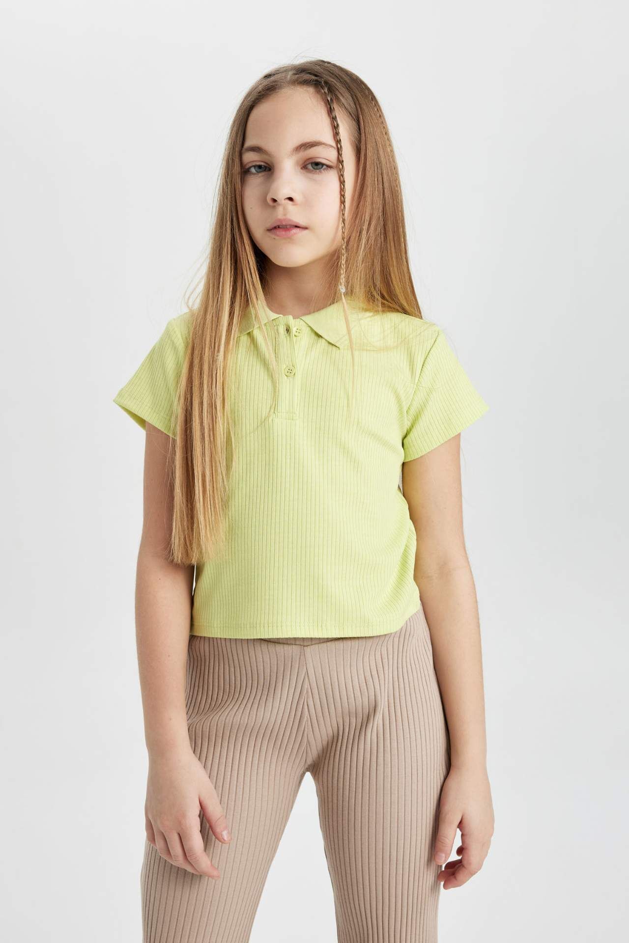 Kız Çocuk Slim Fit Dar Kesim Basic Düz Fitilli Kaşkorse Kısa Kollu Polo Tişört