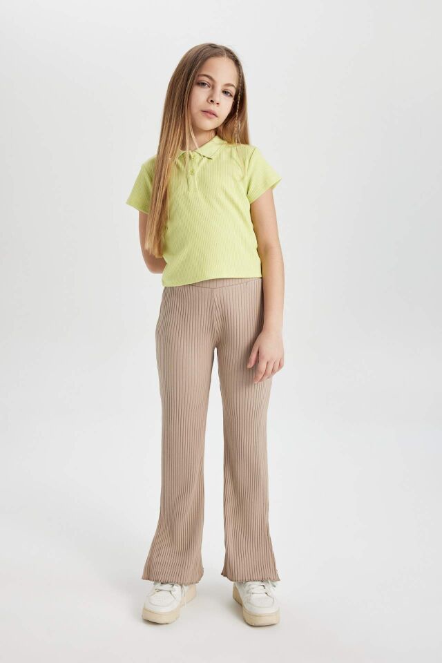Kız Çocuk Slim Fit Dar Kesim Basic Düz Fitilli Kaşkorse Kısa Kollu Polo Tişört
