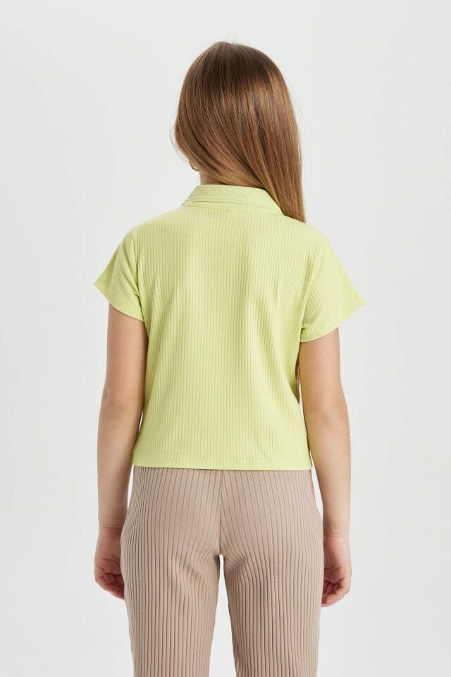 Kız Çocuk Slim Fit Dar Kesim Basic Düz Fitilli Kaşkorse Kısa Kollu Polo Tişört