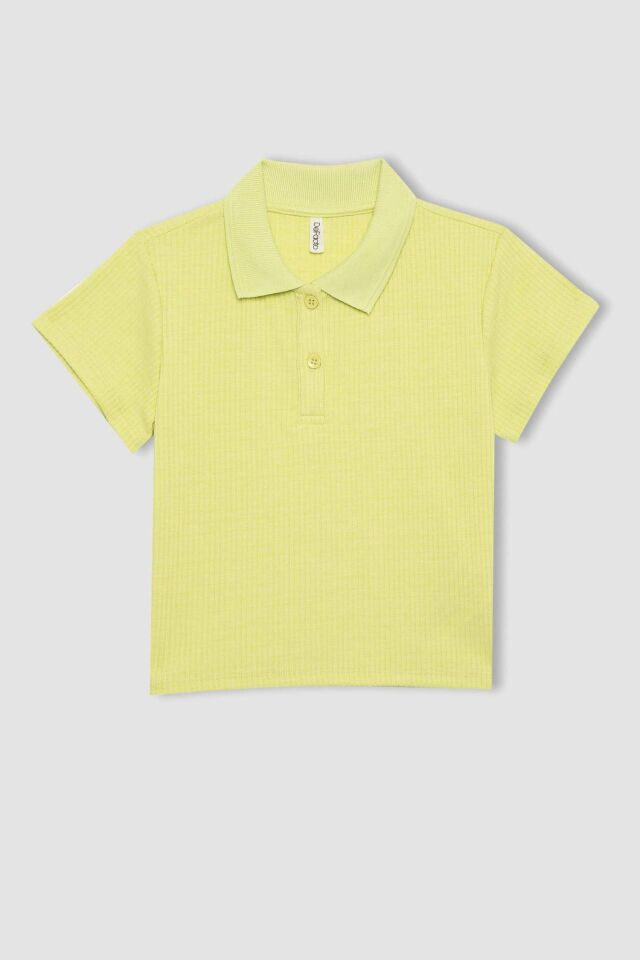 Kız Çocuk Slim Fit Dar Kesim Basic Düz Fitilli Kaşkorse Kısa Kollu Polo Tişört