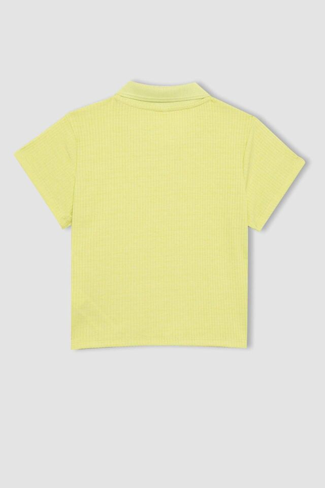 Kız Çocuk Slim Fit Dar Kesim Basic Düz Fitilli Kaşkorse Kısa Kollu Polo Tişört