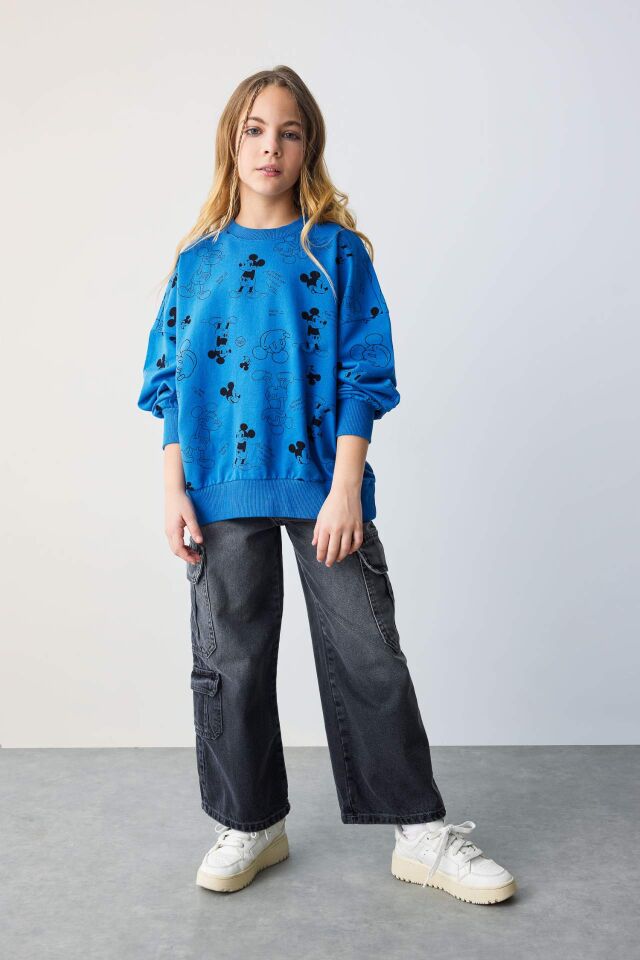 Kız Çocuk Disney Mickey & Minnie Oversize Geniş Kalıp Bisiklet Yaka Sweatshirt