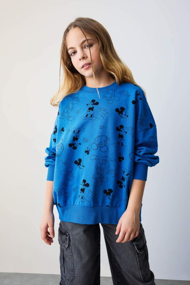 Kız Çocuk Disney Mickey & Minnie Oversize Geniş Kalıp Bisiklet Yaka Sweatshirt