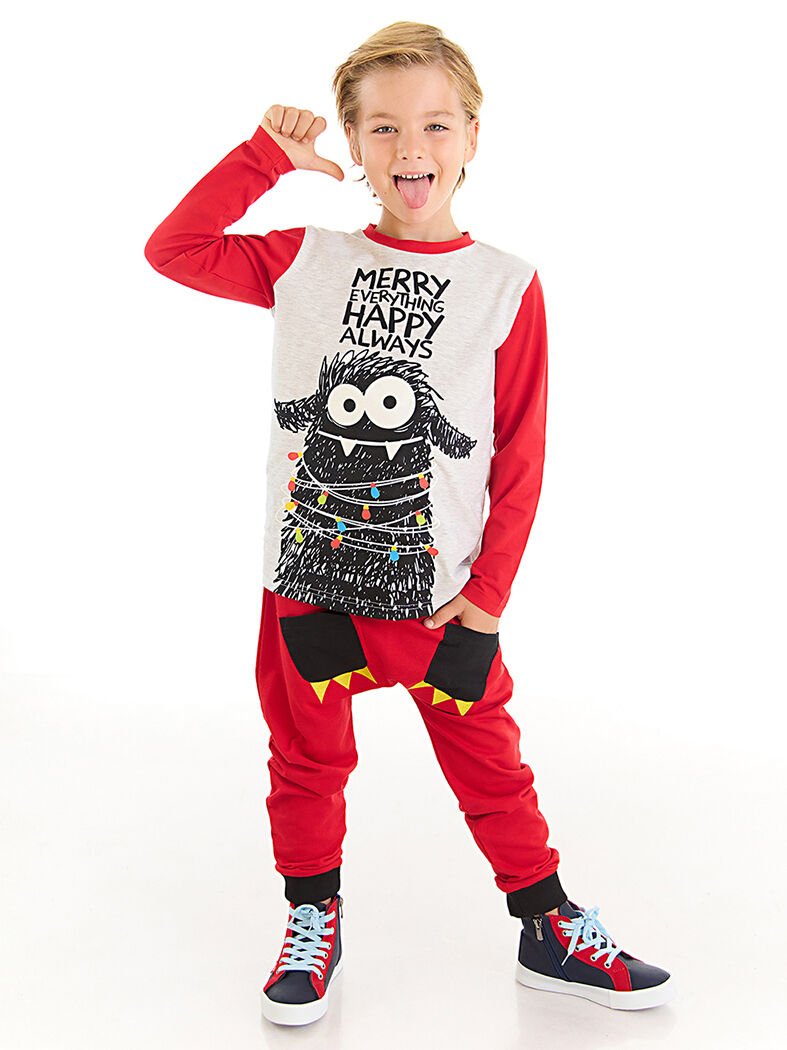 Yılbaşı Canavar Erkek Çocuk T-shirt Pantolon Takım 5 Y - Kırmızı, Krem