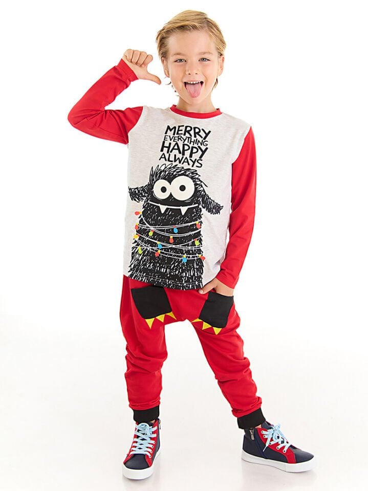 Yılbaşı Canavar Erkek Çocuk T-shirt Pantolon Takım 5 Y - Kırmızı, Krem