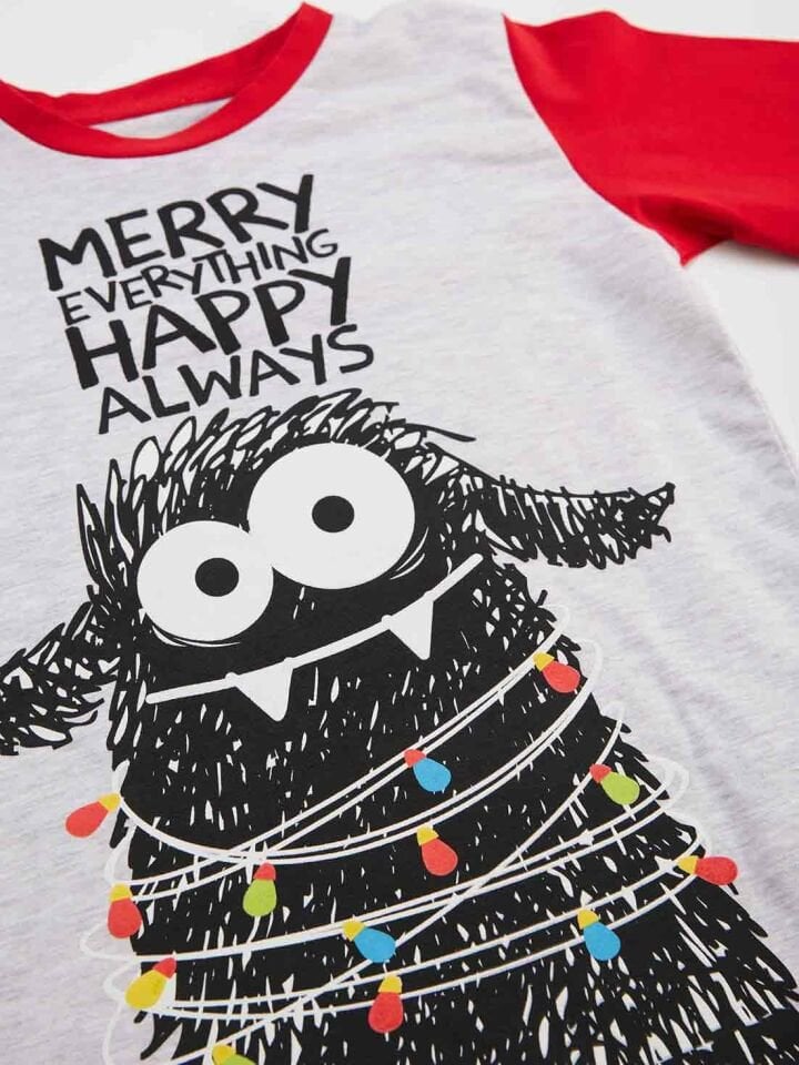 Yılbaşı Canavar Erkek Çocuk T-shirt Pantolon Takım 5 Y - Kırmızı, Krem