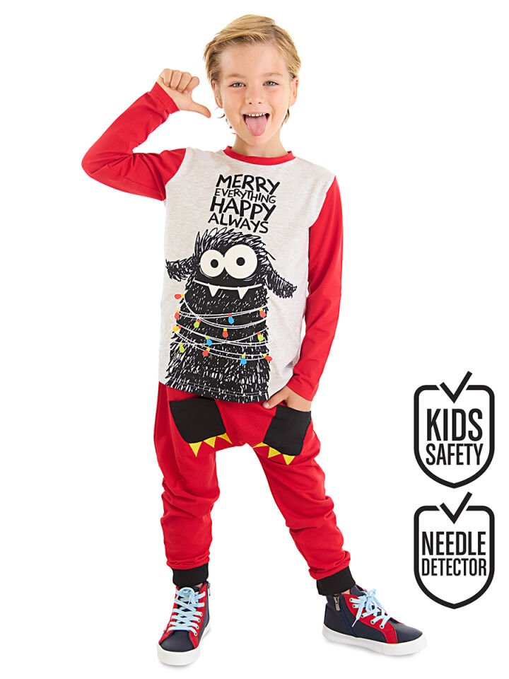 Yılbaşı Canavar Erkek Çocuk T-shirt Pantolon Takım 2 Y - Kırmızı