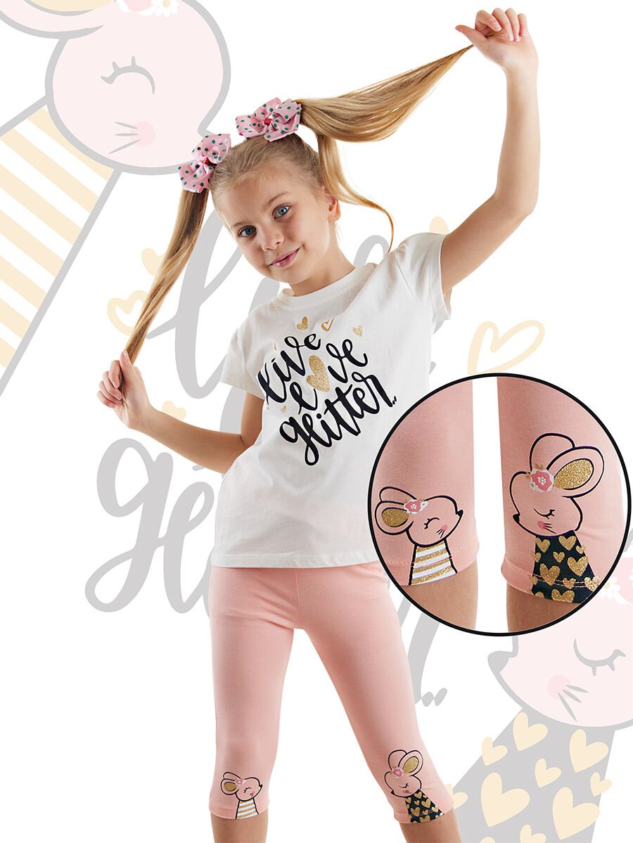 Sevimli Fareler Kız Çocuk T-shirt Tayt Takım 4 Y - Krem, Pembe