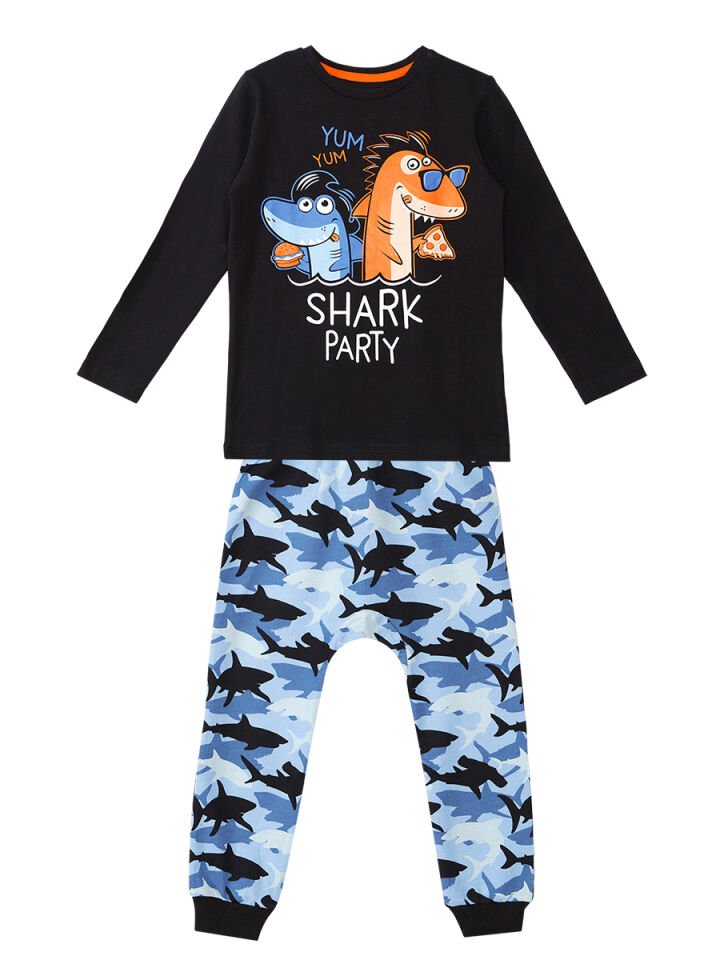 Shark Party Erkek Çocuk T-shirt Pantolon Takım 4 Y - Siyah, Mavi