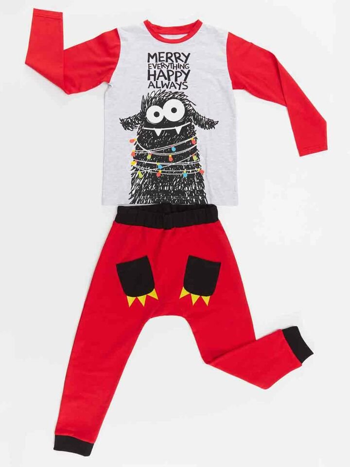 Yılbaşı Canavar Erkek Çocuk T-shirt Pantolon Takım 5 Y - Kırmızı, Krem