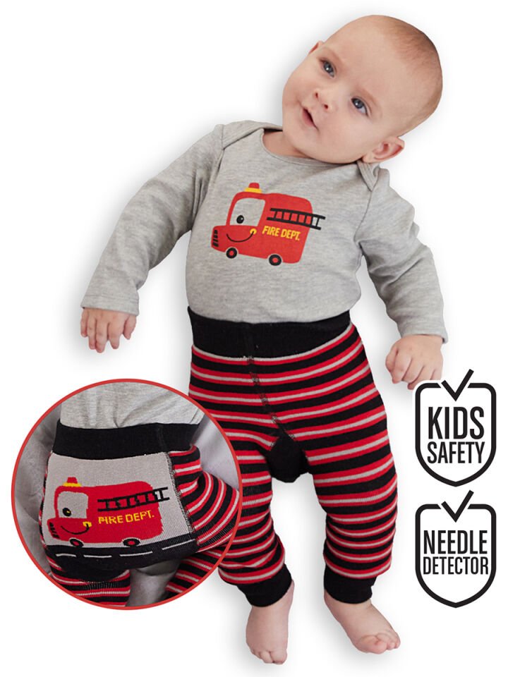 İtfaiye Erkek Bebek Body Tayt-Pantolon Takım 18-24 M - Siyah, Gri, Kırmızı