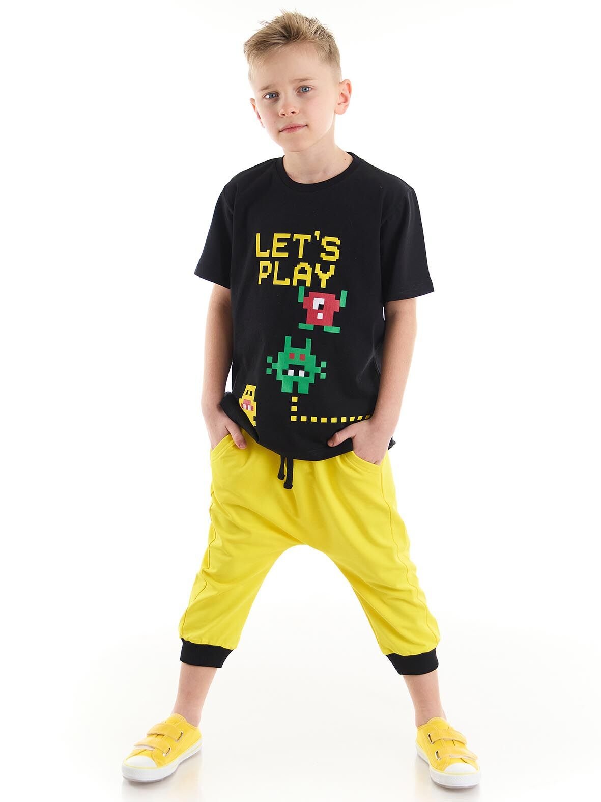 Lets Erkek Çocuk T-shirt Kapri Şort Takım 7 Y - Siyah, Sarı
